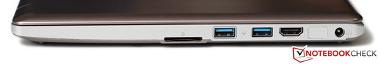 Rechte Seite: SD-Kartenleser, 2x USB 3.0, HDMI, Netzteilanschluss