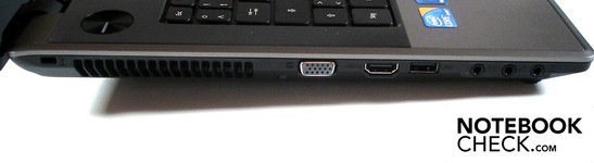 Linke Seite: Kensington Lock, VGA, HDMI, USB 2.0, 3x Sound