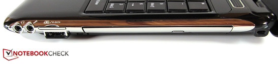 Rechte Seite: Kopfhörer, Mikrofon, Kartenleser, eSATA / USB 2.0 Combo, optisches Laufwerk