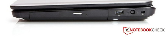 rechte Seite: optisches Laufwerk, USB 2.0, Stromeingang, Kensington Lock