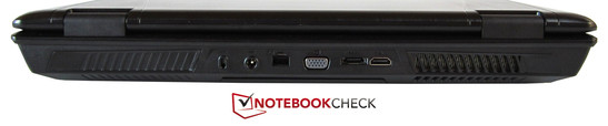 Rückseite: Kensington Lock, DC-in, RJ-45 Gigabit-Lan, VGA, eSATA, HDMI