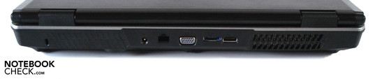Rückseite: Kensington Lock, DC-in, RJ-45, VGA, eSATA, HDMI