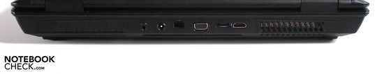 Rückseite: Kensington Lock, DC-in, RJ-45 Gigabit-Lan, VGA, eSATA, HDMI