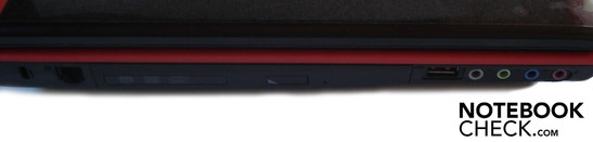 Linke Seite: Kensington Lock, RJ-11 Modem, DVD-Brenner, USB 2.0, 4x Sound
