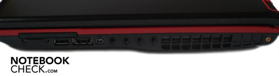 Rechte Seite: Express Card, 4-in-1-Kartenleser, USB 2.0, eSATA/USB 2.0-Combo, Firewire, 4x Sound, Antenne