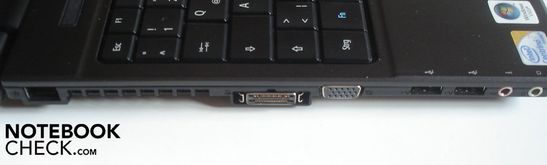 Linke Seite: RJ-45 Gigabit-Lan, Docking-Port, VGA, 2x USB 2.0, 2x Sound (Mikrofon, Kopfhörer,)