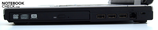 Rechte Seite: opt. Laufwerk, 3xUSB-2.0, RJ-11 (Modem), Kensington Lock