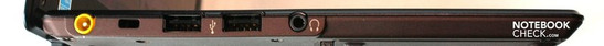 Linke Seite: Kopfhöreranschluss, 2xUSB, Kensington Lock, Netzanschluss.