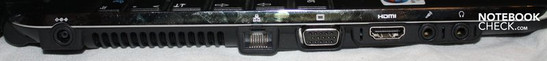 Linke Seite: Kopfhörerausgang, Mikrofoneingang, HDMI, VGA, LAN, Lüftungsgitter, Netzstecker