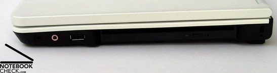 rechte Seite: Audio (Mikrofon, Kopfhörer / S/PDIF), USB, Slot-In DVD, Kensington Lock