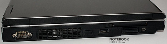 Linke Seite: COM, Lüfteröffnungen, WLAN Schalter, eSATA/USB, PCMCIA, Multi-Cardreader, FireWire