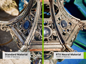 Ein Vergleich von Standard- und Neural-Materialien zeigt, dass Nvidia den VRAM-Bedarf für Spiele erheblich senken kann. (Bildquelle: Nvidia, bearbeitet)