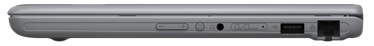 Rechte Seite: Lautstärkewippe, Power-Knopf, kombinierter Audioanschluss, 1x USB-A 2.0, Gigabit-LAN