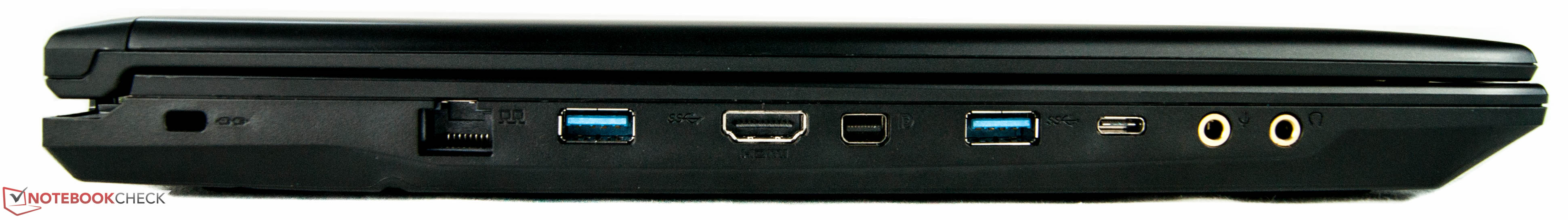 links: Kesington-Lock, Ethernet-Anschluss, USB 3.0, HDMI-Ausgang, MiniDisplayPort, USB 3.0, USB Typ C, Mikrofon-Eingang, Kopfhörer-Ausgang