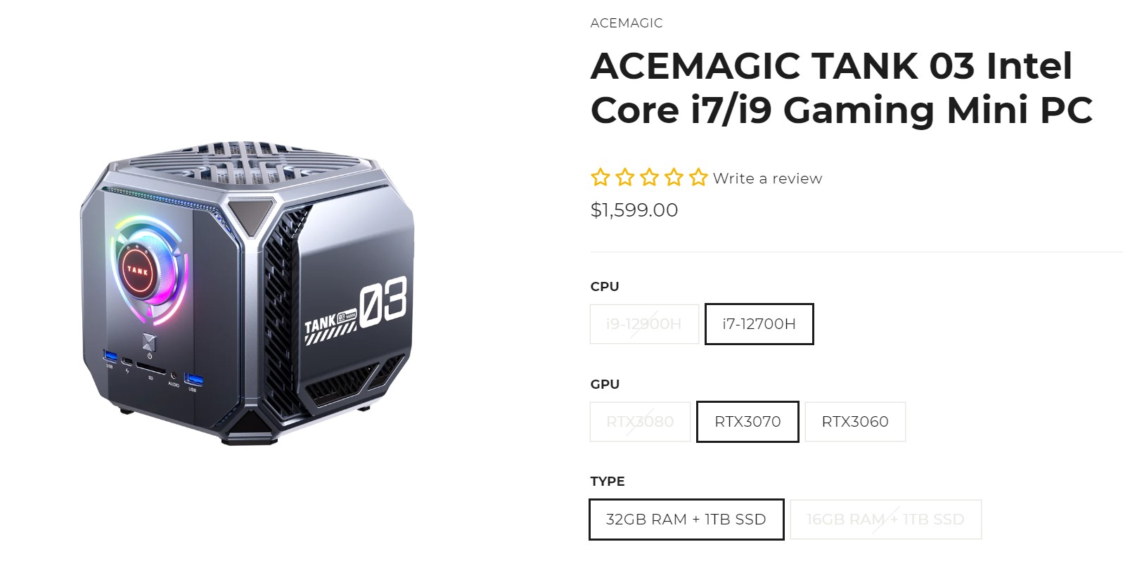 thumbnail image 2 of ACEMAGIC M1A Mini Gaming PC: Intel I7-12700H, RTX 3060/3070/3080/4060 Options, 16/32GB RAM, 1TB SSD, Windows 11 Pro 2 of 3