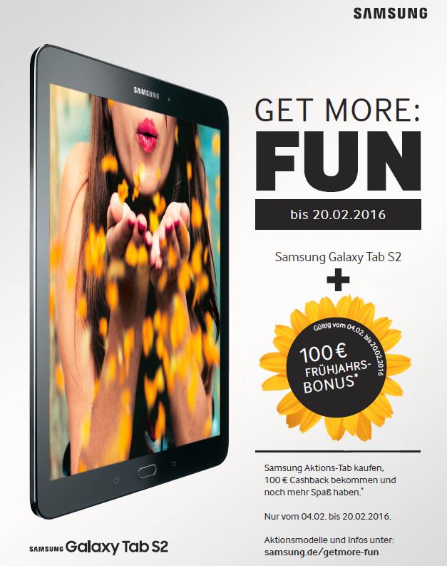Samsung bietet ab dem 4. Februar 100 Euro Cashback für die Galaxy-Tab-S2-Tablets (Bild: Samsung via MyDealz.de)