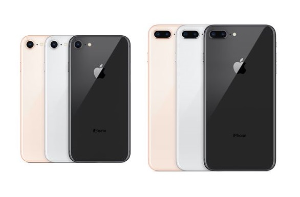 iPhone 8 und iPhone 8 Plus in den drei Farben Gold, Silber und Space Grau.