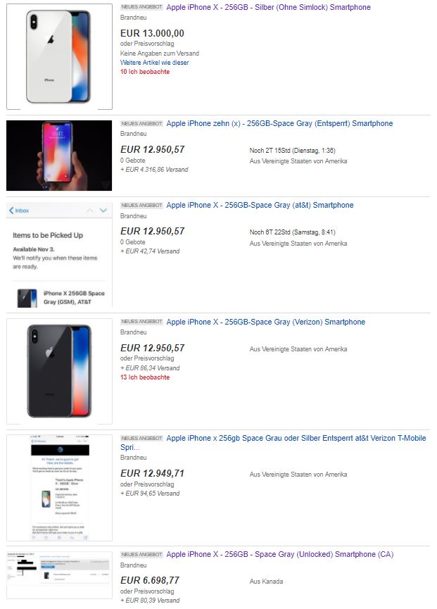 Mondpreise für das iPhone X auf Ebay. Bis zu 13.000 Euro werden da verlangt.