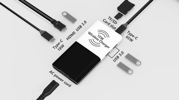 Combohub auf Kickstarter: 65 Watt Power-Delivery-Laptop-Netzteil, Wireless-Charger und USB-Hub in einem.