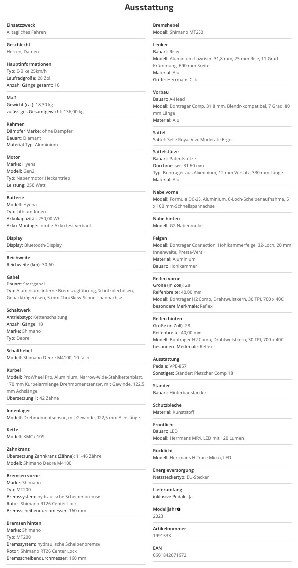 Die komplette Ausstattung des Diamant 365 Deluxe E-Bikes auf einen Blick (Bild: Fahrrad.de)