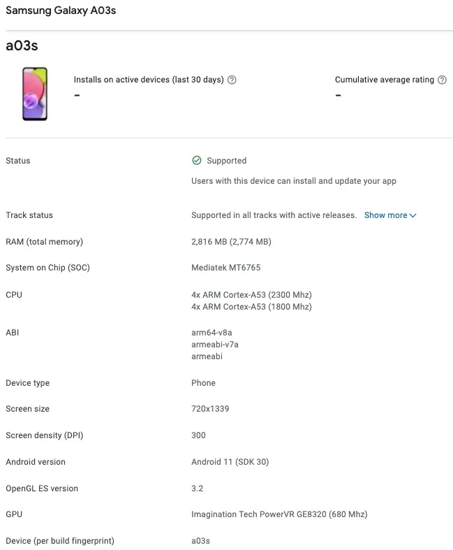 Das Samsung Galaxy A03s in der Google Play Console (Bild: MySmartPrice)