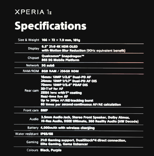 Die Spezifikationen des Sony Xperia 1 II sind vor dem Launch geleakt.