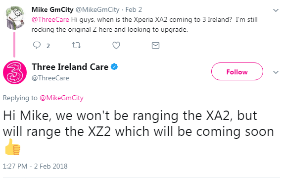 Drei Irland bestätigt den baldigen Launch des Xperia XZ2, der Tweet wurde mittlerweile gelöscht.