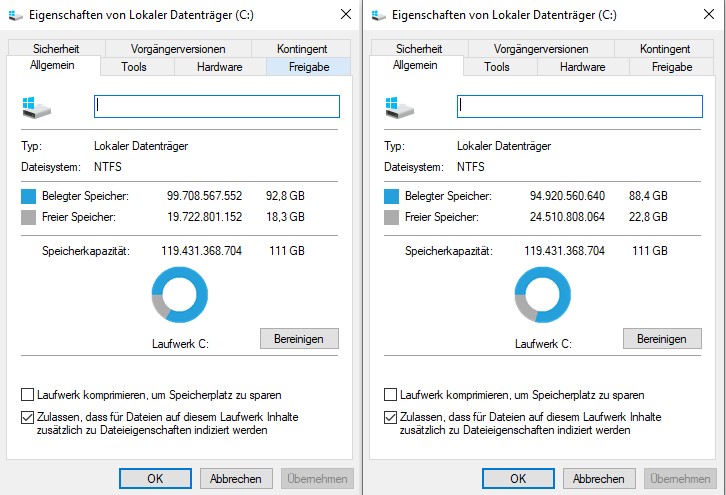 Speicherbelegung vor und nach dem Löschen von Windows Log-Dateien