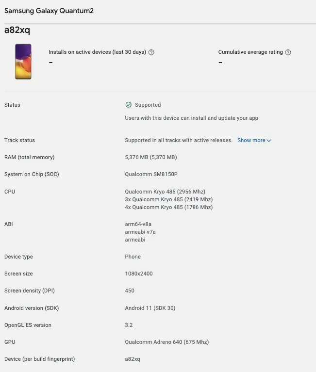 Das Samsung Galaxy A82 könne mit einem uralten Prozessor ausgestattet sein. (Bild: Google Play Console, via 91mobiles)
