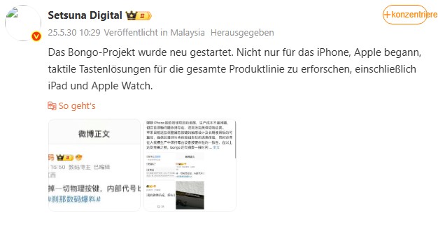 Laut eines Leaks auf Weibo, arbeitet Apple wieder an Tasten, die ohne mechanische Bauteile auskommen (Quelle: Weibo).