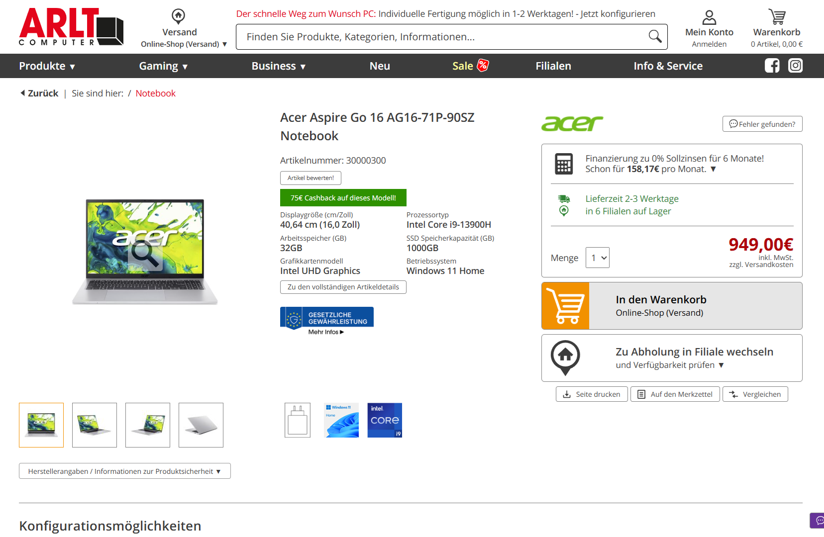 Core i9, 32 GB RAM, 1 TB SSD, 120-Hz-Bildschirm: Acer Office-Notebook ...