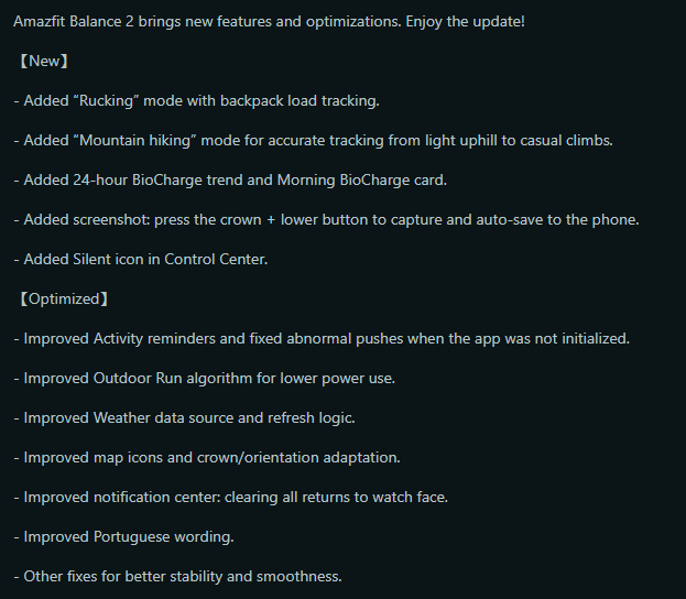 Die angeblichen Versionshinweise für die Software-Version 3.35.0.5 für die Amazfit Balance 2 Smartwatch. (Bildquelle: Screenshot eines Beitrags von u/FinishDue3792 auf Reddit)