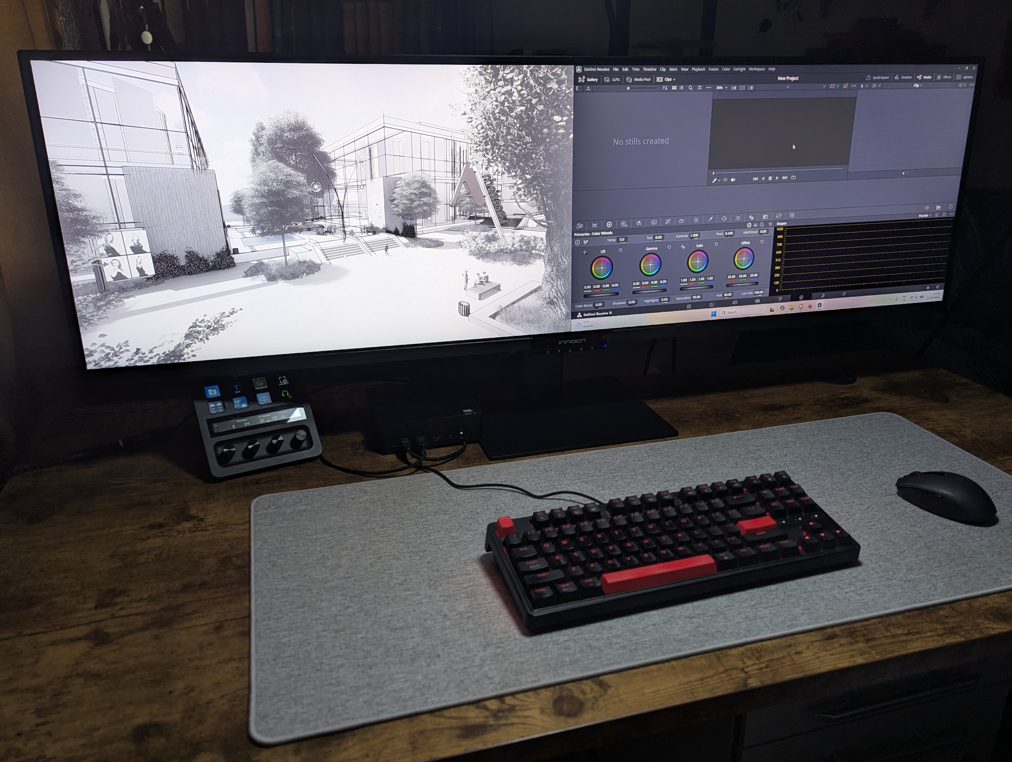 Der Innocn E49M1R zeigt eine technische Zeichnung links und Davinci Resolve rechts