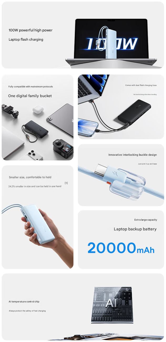 Die wichtigsten Merkmale der Powerbank (Bildquelle: Baseus – maschinell übersetzt)