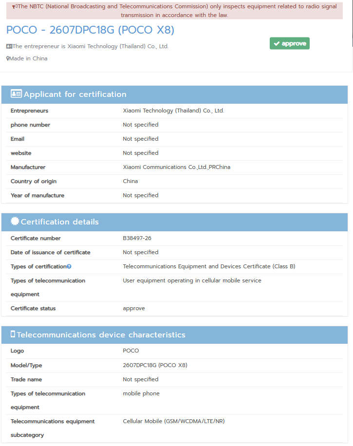 Poco X8: NBTC certificaton