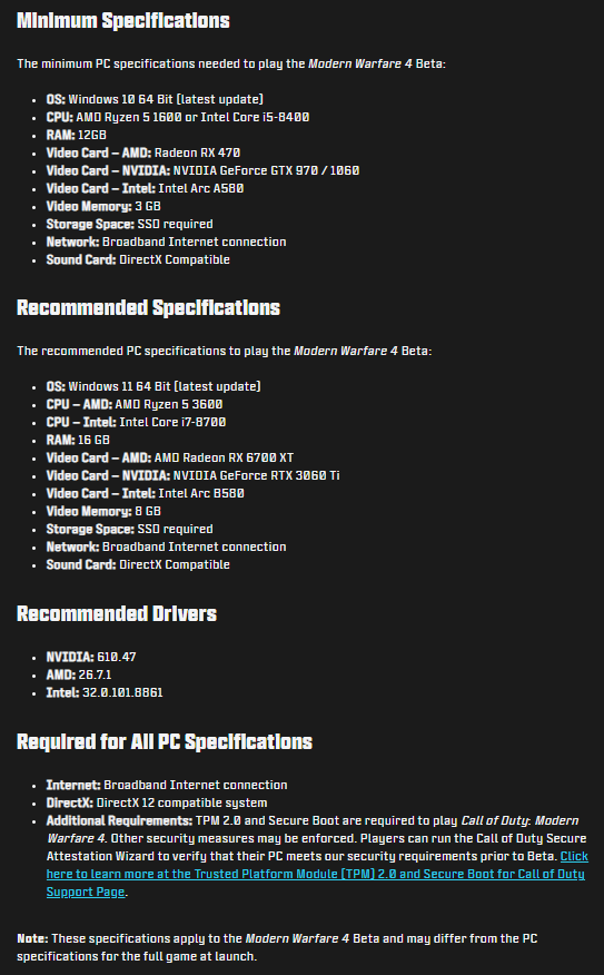 Screenshot der von Activision veröffentlichten Hardware- und Softwareanforderungen für Call of Duty: Modern Warfare