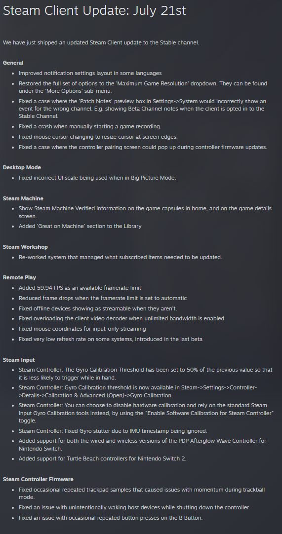Die Patchnotes des Steam-Updates.