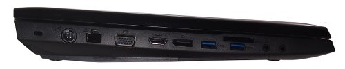 Linke Seite: Kensington-Lock, Strom, LAN, VGA, HDMI, Displayport, 2x USB 3.0, CardReader, Audio