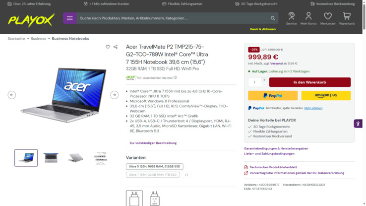 Acer TravelMate P2 TMP215-75-G2-TCO-789W für 999,98 €.