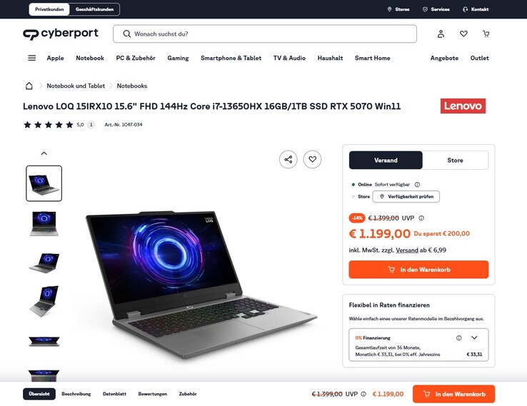 Lenovo LOQ 15IRX10 83JE0022GE für 1.199 Euro.