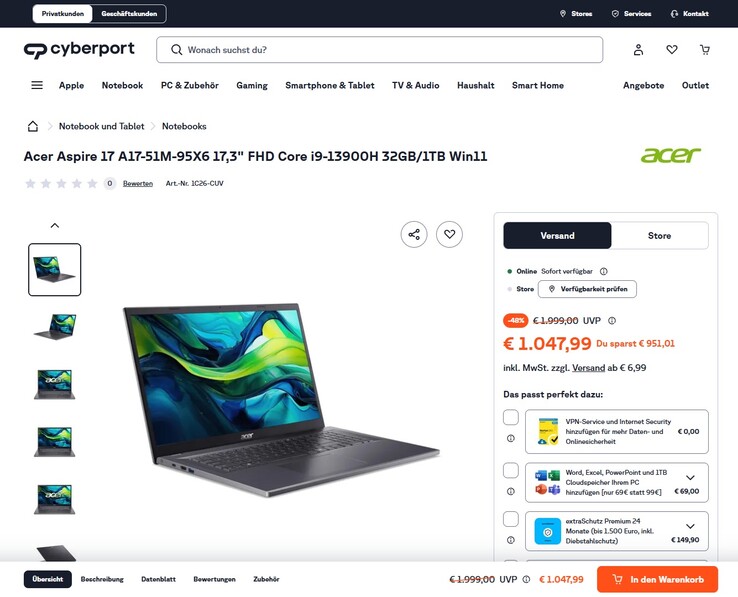 Acer Aspire 17 A17-51M-95X6 für 1.047,99 Euro.