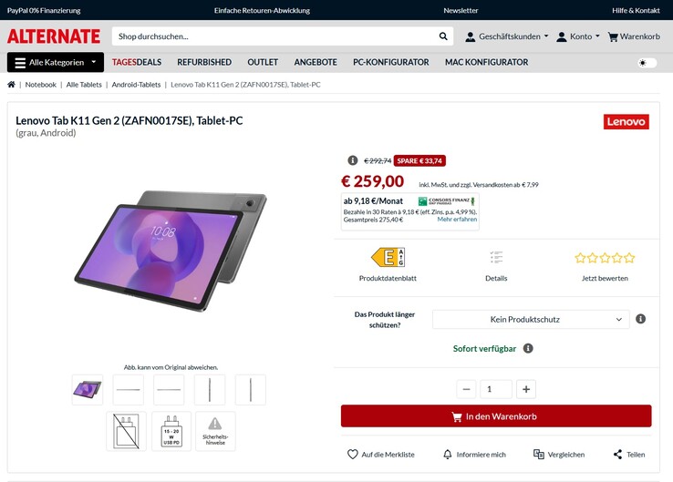 Lenovo Tab K11 Gen 2 ZAFN0017SE für 259 Euro.