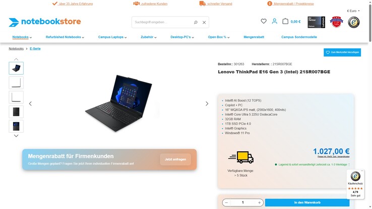 Lenovo ThinkPad E16 G3 (21SR007BGE) im Angebot für 1.027 Euro.