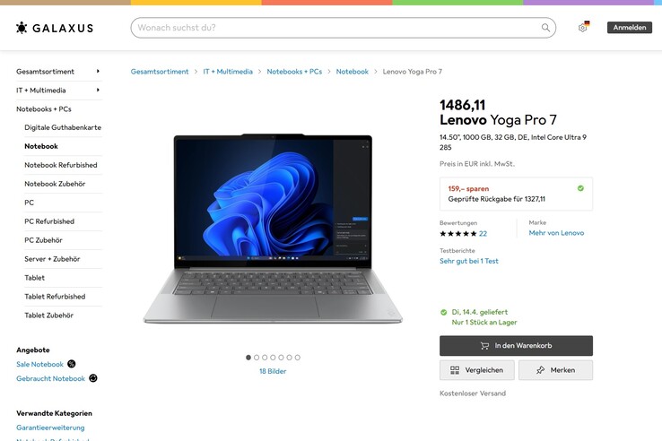 Lenovo Yoga Pro 7 14IAH10 (83KF001NGE) für 1.486,11 Euro.