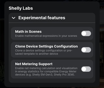 Die Option des Klonens von Geräteeinstellungen findet sich im Tab "Experimental features". (Bildquelle: Shelly Smart Control App)