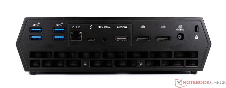 Rückseite: 4x USB Typ-A, 2,5G LAN, 1x USB Typ-C, Toslink, HDMI (4K60), 2x DisplayPort 1.4, Netzanschluss, Kensington Lock