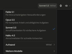 Screenshot des Modellmenüs von Claude.ai mit ausgewähltem Sonnet 5.5