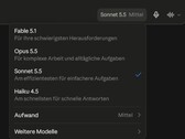 Screenshot des Modellmenüs von Claude.ai mit ausgewähltem Sonnet 5.5