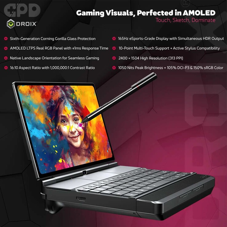 Der Gaming-Handheld GPD Win Max 3 verfügt über ein 9,06 Zoll großes AMOLED-Display mit 165 Hz Bildwiederholrate.