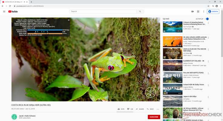 Wiedergabe eines 4K-YouTube-Videos vor der Aktualisierung unserer AMD-Treiber. Durch die ungewöhnlich hohe Zahl an verloren Frames ist die Wiedergabe nicht flüssig